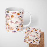 Personalized Custom Name Halloween Donuts Cupcakes and Spiders Seamless Pattern on Cream 11oz Ceramic Coffee Tea Mug White Large Handle