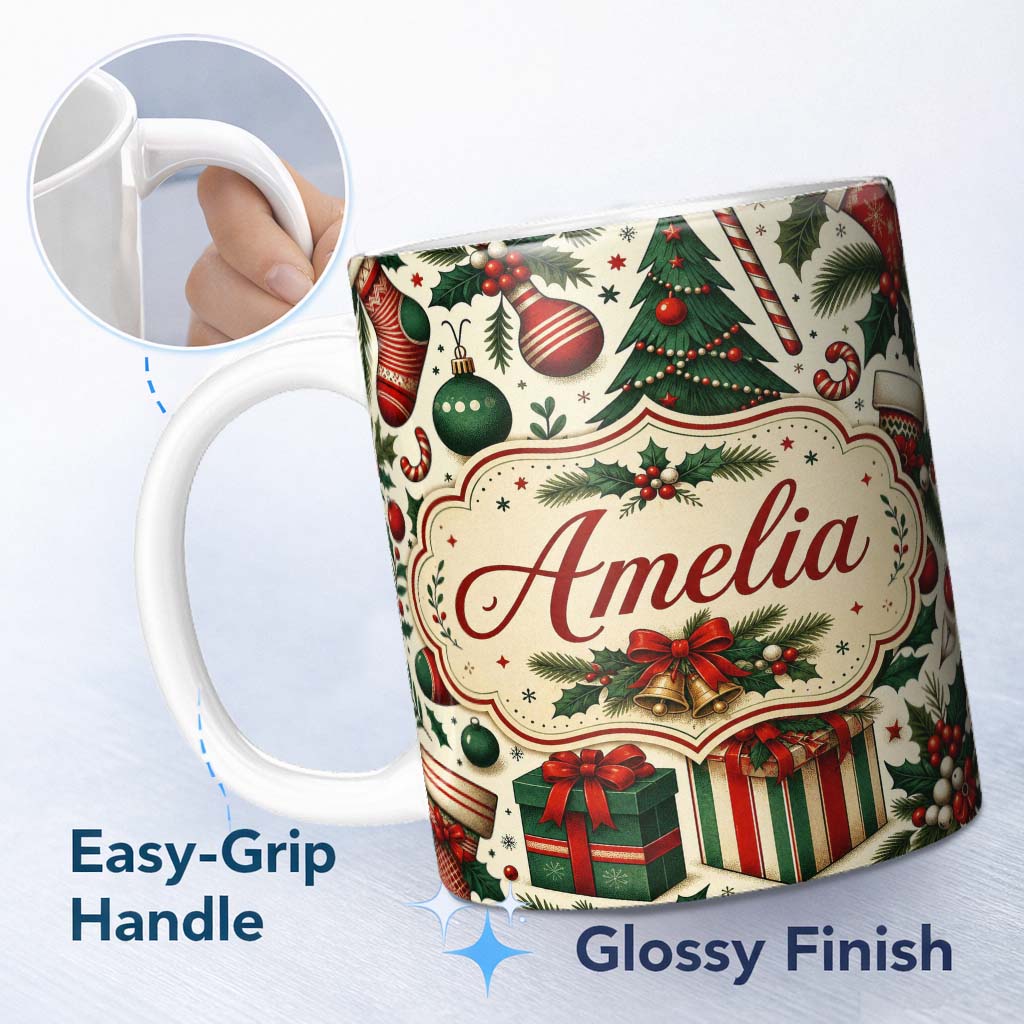 Personalized Custom Name Festive Christmas Tree Holly Berries Stockings Candy Cane Seamless 11oz Ceramic Coffee Tea Mug White Large Handle