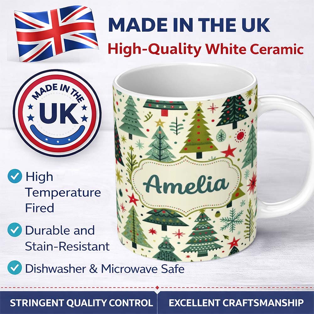 Personalized Custom Name Scandinavian Christmas Trees with Stars Snowflakes and Festive 11oz Ceramic Coffee Tea Mug White Large Handle
