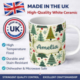 Personalized Custom Name Scandinavian Christmas Trees with Stars Snowflakes and Festive 11oz Ceramic Coffee Tea Mug White Large Handle