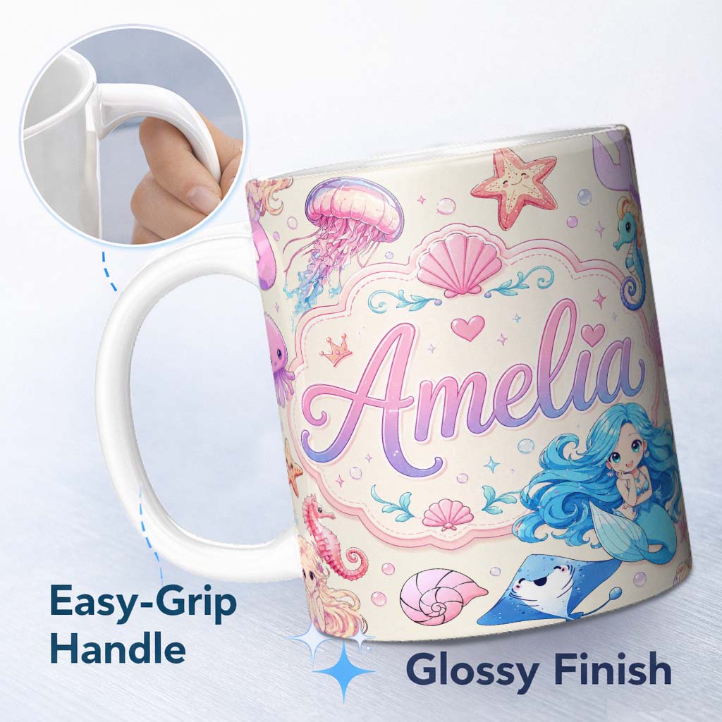 Personalized Custom Name Cute Blue Hair Mermaid Jellyfish Seahorse and Ocean Creatures Lovely 11oz Ceramic Coffee Tea Mug White Large Handle