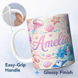Personalized Custom Name Cute Blue Hair Mermaid Jellyfish Seahorse and Ocean Creatures Lovely 11oz Ceramic Coffee Tea Mug White Large Handle