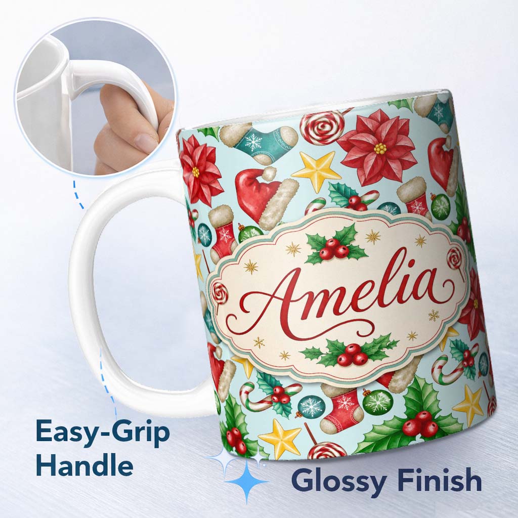 Personalized Custom Name Bright Christmas Poinsettia Candy Cane Holly Festive Seamless Lovely 11oz Ceramic Coffee Tea Mug White Large Handle