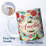 Personalized Custom Name Bright Christmas Poinsettia Candy Cane Holly Festive Seamless Lovely 11oz Ceramic Coffee Tea Mug White Large Handle