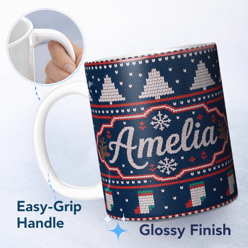 Personalized Custom Name Cute Blue Nordic Reindeer Mountain Winter Knitted Seamless Pattern 11oz Ceramic Coffee Tea Mug White Large Handle