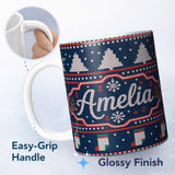 Personalized Custom Name Cute Blue Nordic Reindeer Mountain Winter Knitted Seamless Pattern 11oz Ceramic Coffee Tea Mug White Large Handle
