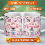Personalized Custom Name Cute Kawaii Graduate Boy Science Art Supplies Seamless Pattern Pink 11oz Ceramic Coffee Tea Mug White Large Handle