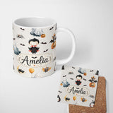 Personalized Custom Name Cute Halloween Vampire Ghost Bats Spooky Cream Background Seamless 11oz Ceramic Coffee Tea Mug White Large Handle
