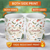 Personalized Custom Name Festive Holly Leaves Candy Cane Baubles Seamless Pattern Lovely 11oz Ceramic Coffee Tea Mug White Large Handle