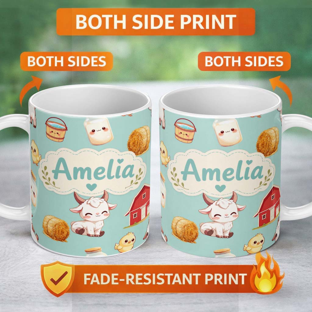 Personalized Custom Name Cute Farm Goat Barn Hay Bale Chick Milk Bucket Teal Background 11oz Ceramic Coffee Tea Mug White Large Handle