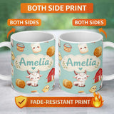 Personalized Custom Name Cute Farm Goat Barn Hay Bale Chick Milk Bucket Teal Background 11oz Ceramic Coffee Tea Mug White Large Handle