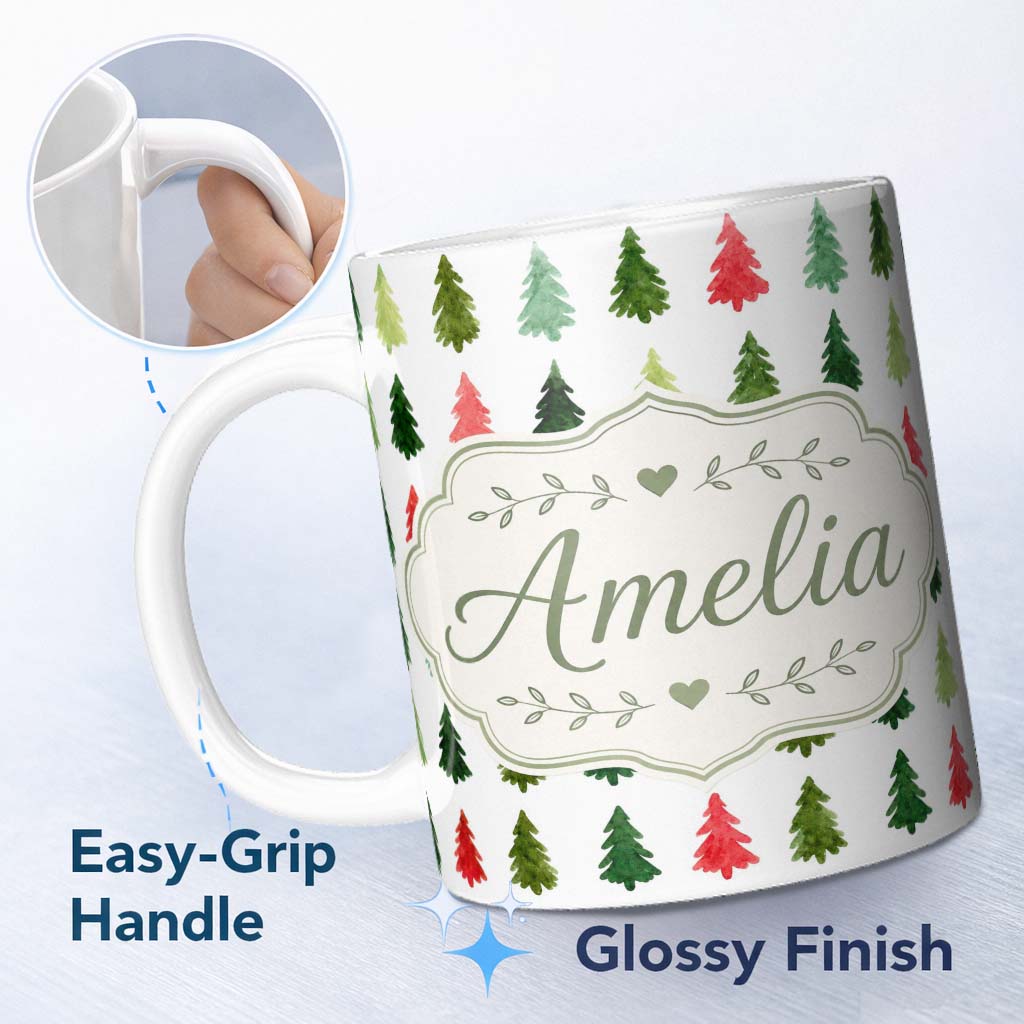 Personalized Custom Name Watercolor Christmas Tree Pattern in Red and Green Festive Seamless 11oz Ceramic Coffee Tea Mug White Large Handle