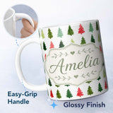Personalized Custom Name Watercolor Christmas Tree Pattern in Red and Green Festive Seamless 11oz Ceramic Coffee Tea Mug White Large Handle