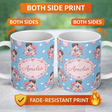 Personalized Custom Name Romantic Couple Kissing Floral Bouquet Hearts Seamless Pattern Blue 11oz Ceramic Coffee Tea Mug White Large Handle