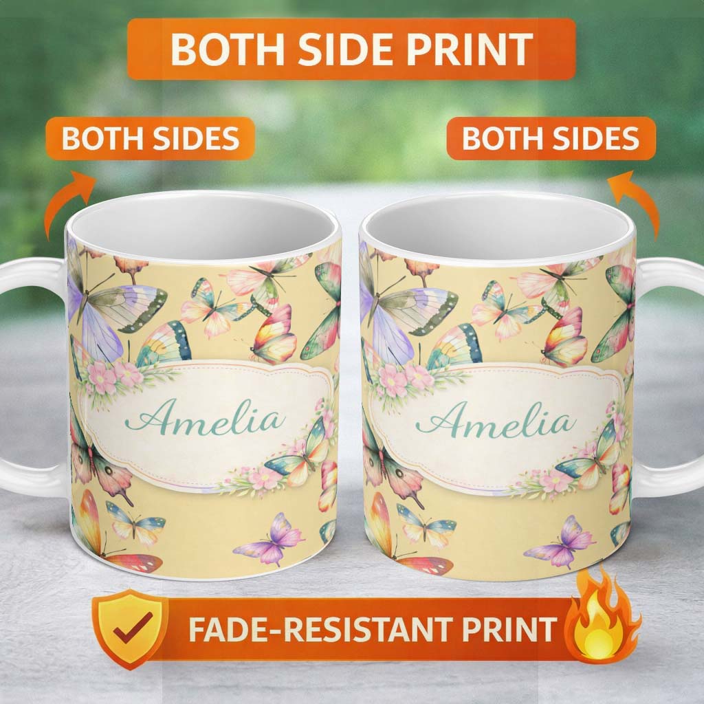 Personalized Custom Name Watercolor Butterfly Leaf Botanical Seamless Pattern Lovely 11oz Ceramic Coffee Tea Mug White Large Handle