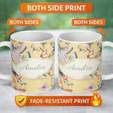 Personalized Custom Name Watercolor Butterfly Leaf Botanical Seamless Pattern Lovely 11oz Ceramic Coffee Tea Mug White Large Handle