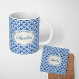 Personalized Custom Name Blue Art Deco Botanical Leaf Repeat Seamless Pattern Lovely 11oz Ceramic Coffee Tea Mug White Large Handle