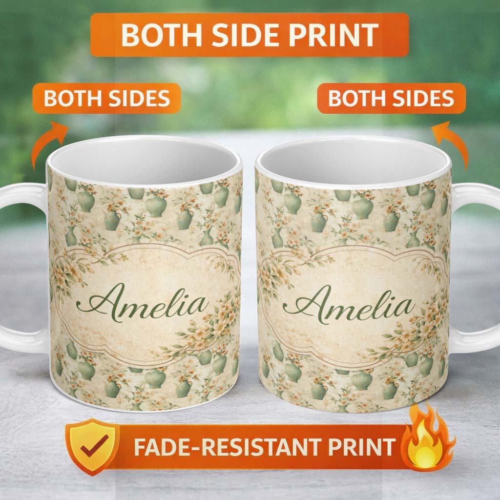 Personalized Custom Name Soft Green Vase Floral Seamless Pattern Vintage Botanical Aesthetic 11oz Ceramic Coffee Tea Mug White Large Handle