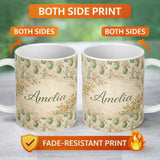 Personalized Custom Name Soft Green Vase Floral Seamless Pattern Vintage Botanical Aesthetic 11oz Ceramic Coffee Tea Mug White Large Handle