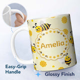 Personalized Custom Name Cute Bees Honeycomb Sweet Kawaii Insects Seamless Pattern Lovely 11oz Ceramic Coffee Tea Mug White Large Handle