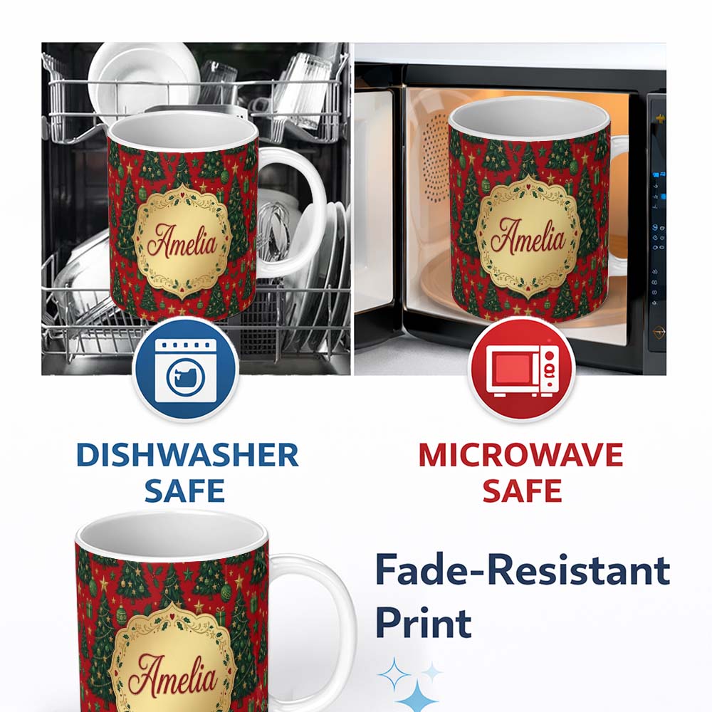 Personalized Custom Name Festive Christmas Trees with Gifts Stars and Ornaments on Red Lovely 11oz Ceramic Coffee Tea Mug White Large Handle
