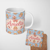 Personalized Custom Name Cute Christmas Gingerbread Candy House Gifts Seamless Pattern Blue 11oz Ceramic Coffee Tea Mug White Large Handle