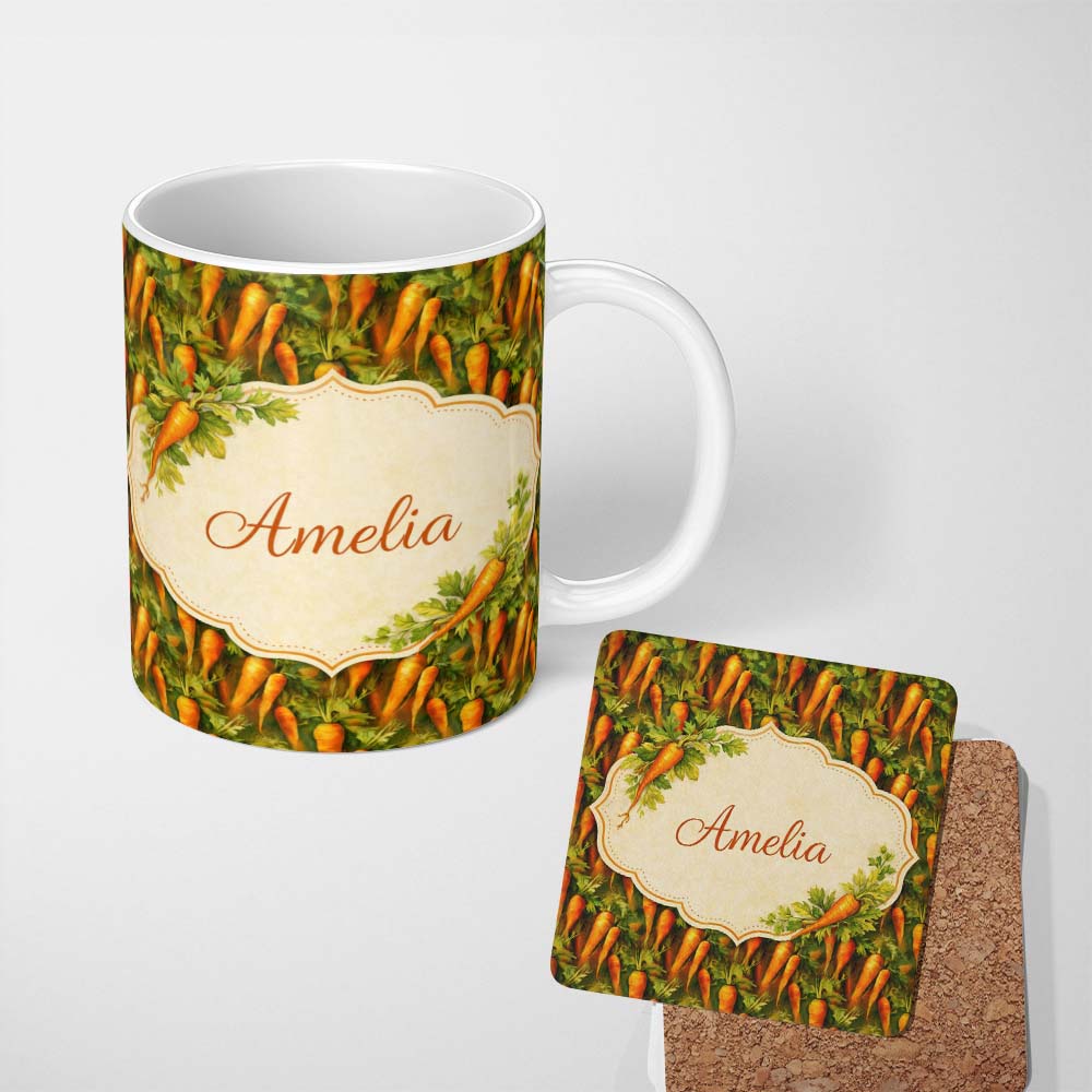 Personalized Custom Name Painterly Rustic Carrot Harvest Vegetable Seamless Pattern Lovely 11oz Ceramic Coffee Tea Mug White Large Handle