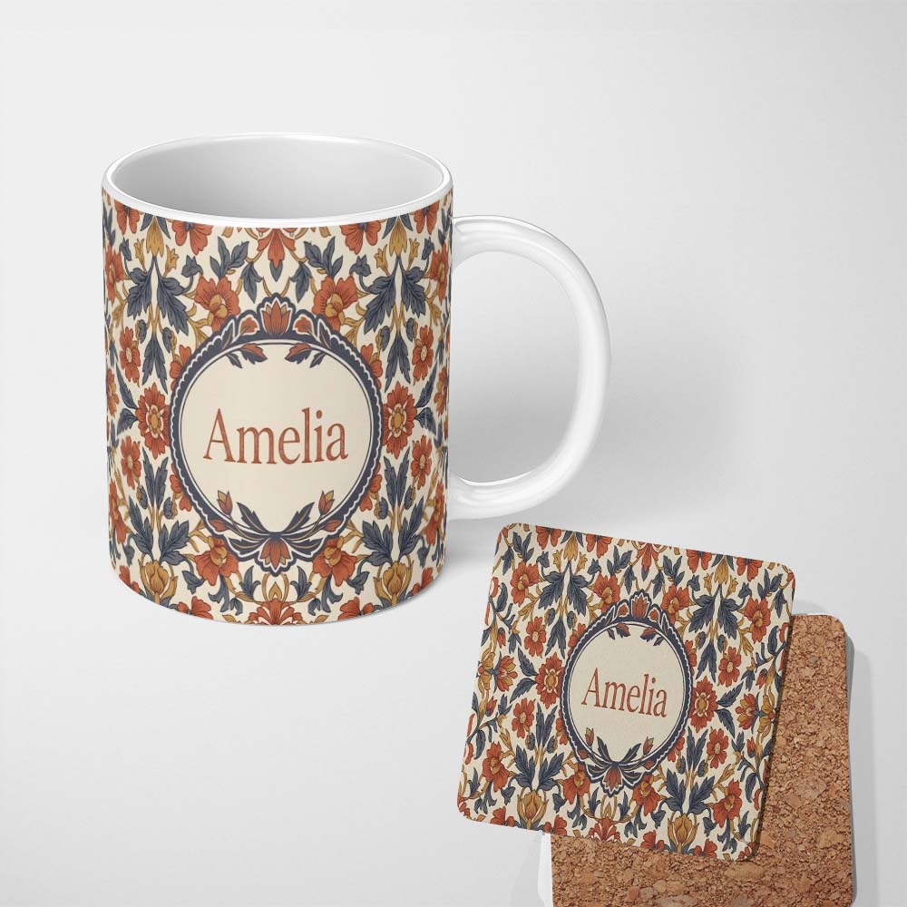 Personalized Custom Name Vintage Botanical Floral Neutral Tones Elegant Seamless Pattern 11oz Ceramic Coffee Tea Mug White Large Handle