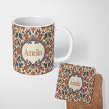Personalized Custom Name Vintage Botanical Floral Neutral Tones Elegant Seamless Pattern 11oz Ceramic Coffee Tea Mug White Large Handle