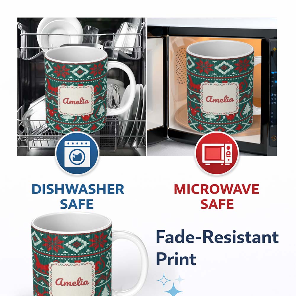 Personalized Custom Name Scandinavian Reindeer Snowflake Knit Pattern Green Background Lovely 11oz Ceramic Coffee Tea Mug White Large Handle