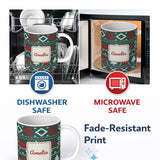 Personalized Custom Name Scandinavian Reindeer Snowflake Knit Pattern Green Background Lovely 11oz Ceramic Coffee Tea Mug White Large Handle