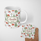 Personalized Custom Name Watercolor Christmas Village with Red Houses Cars and Snowy Trees 11oz Ceramic Coffee Tea Mug White Large Handle