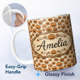 Personalized Custom Name Classic Halloween Pumpkin Faces on Light Vintage Background Seamless 11oz Ceramic Coffee Tea Mug White Large Handle