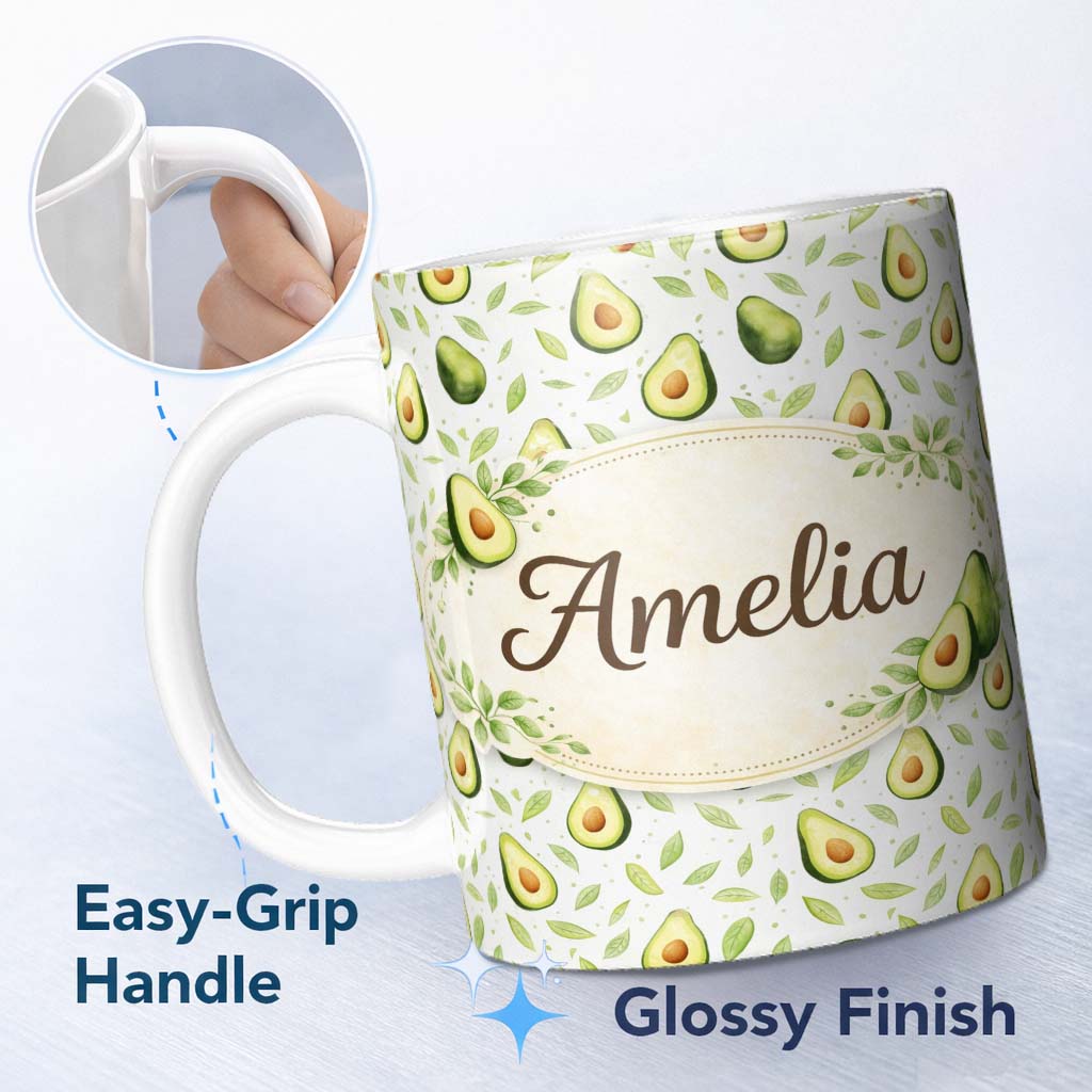 Personalized Custom Name Light Botanical Avocado Leaf Pattern Beautiful Coffee Cup Lovely 11oz Ceramic Coffee Tea Mug White Large Handle