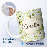 Personalized Custom Name Light Botanical Avocado Leaf Pattern Beautiful Coffee Cup Lovely 11oz Ceramic Coffee Tea Mug White Large Handle