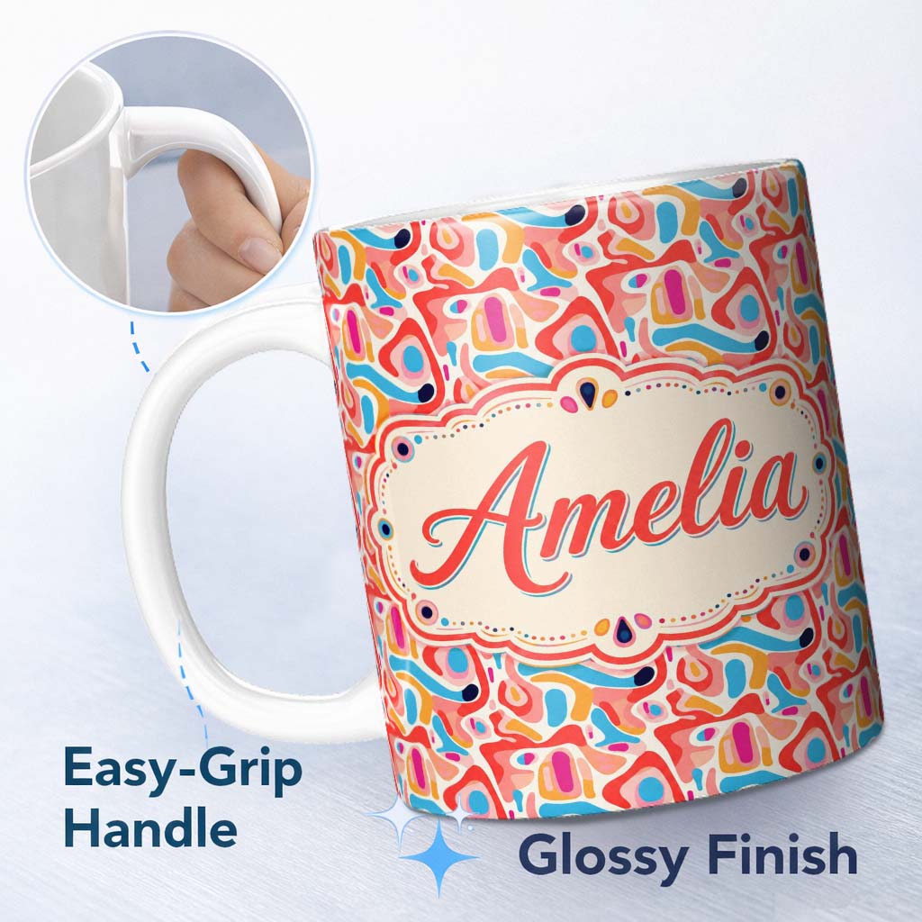Personalized Custom Name Abstract Organic Shapes Bright Colourful Seamless Pattern Modern Art 11oz Ceramic Coffee Tea Mug White Large Handle