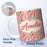 Personalized Custom Name Abstract Organic Shapes Bright Colourful Seamless Pattern Modern Art 11oz Ceramic Coffee Tea Mug White Large Handle