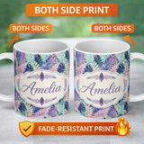 Personalized Custom Name Pastel Multicolour Tropical Leaves Seamless Pattern Cute Unique Gift 11oz Ceramic Coffee Tea Mug White Large Handle