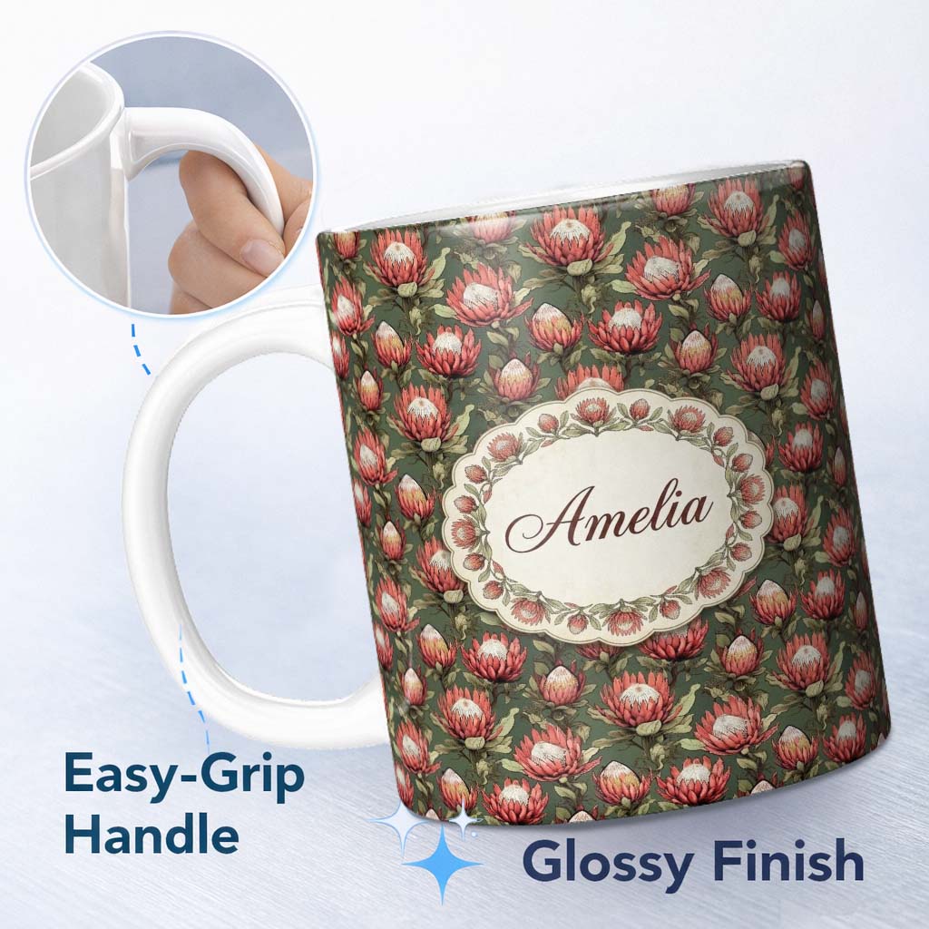 Personalized Custom Name Deep Green Background Protea Floral Botanical Seamless Pattern 11oz Ceramic Coffee Tea Mug White Large Handle