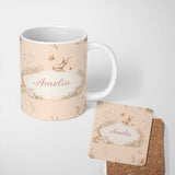 Personalized Custom Name Watercolor Bunny Floral Meadow Warm Beige Seamless Pattern Lovely 11oz Ceramic Coffee Tea Mug White Large Handle