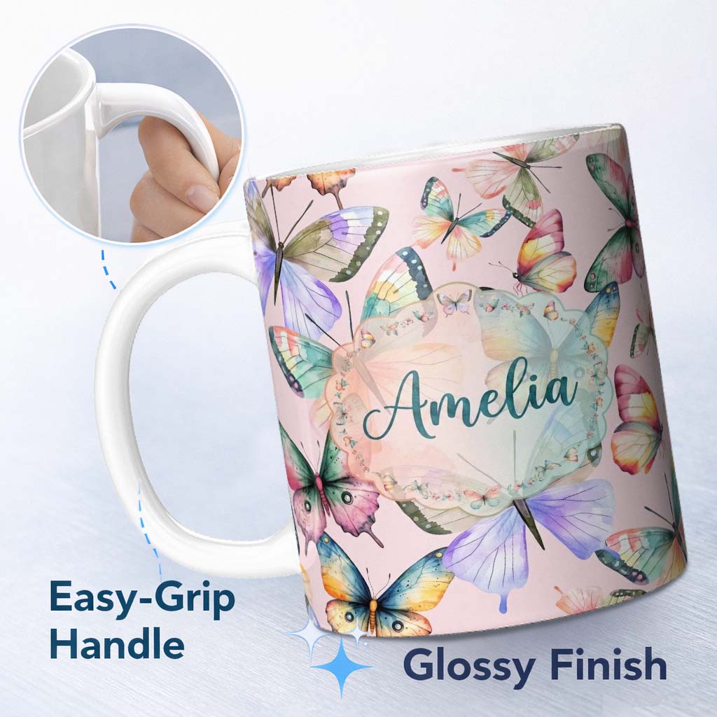 Personalized Custom Name Pastel Watercolor Butterflies Soft Pink Background Seamless Pattern 11oz Ceramic Coffee Tea Mug White Large Handle