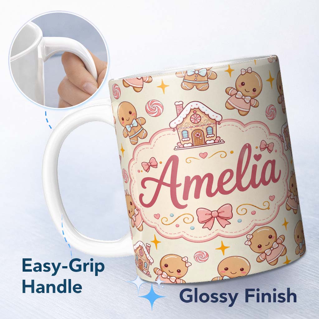 Personalized Custom Name Cute Christmas Gingerbread Candy House Gifts Seamless Pattern Cream 11oz Ceramic Coffee Tea Mug White Large Handle