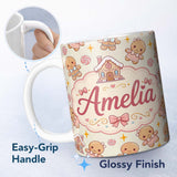 Personalized Custom Name Cute Christmas Gingerbread Candy House Gifts Seamless Pattern Cream 11oz Ceramic Coffee Tea Mug White Large Handle