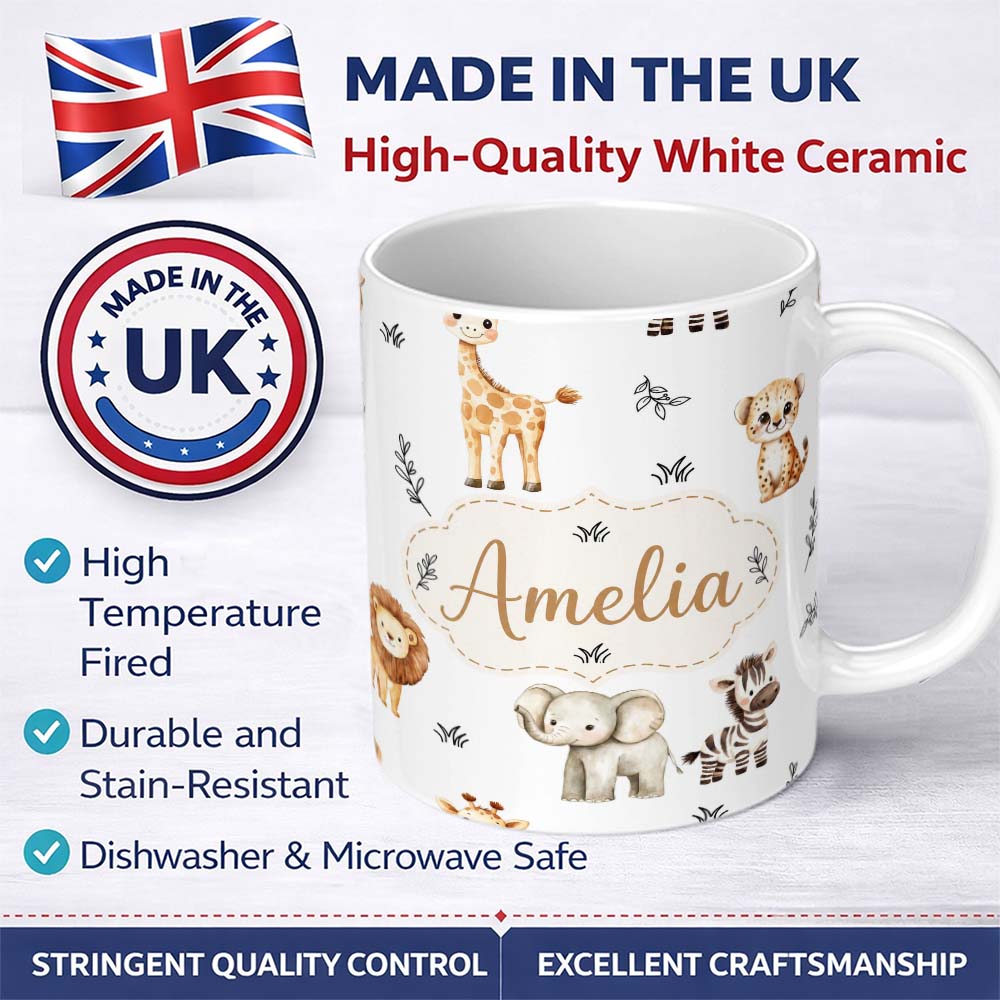 Personalized Custom Name Safari Animals with Elephant Lion and Leopard on Light Grey Lovely 11oz Ceramic Coffee Tea Mug White Large Handle