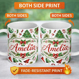 Personalized Custom Name Watercolor Christmas Trees Bells Santa Hats Festive Seamless Pattern 11oz Ceramic Coffee Tea Mug White Large Handle