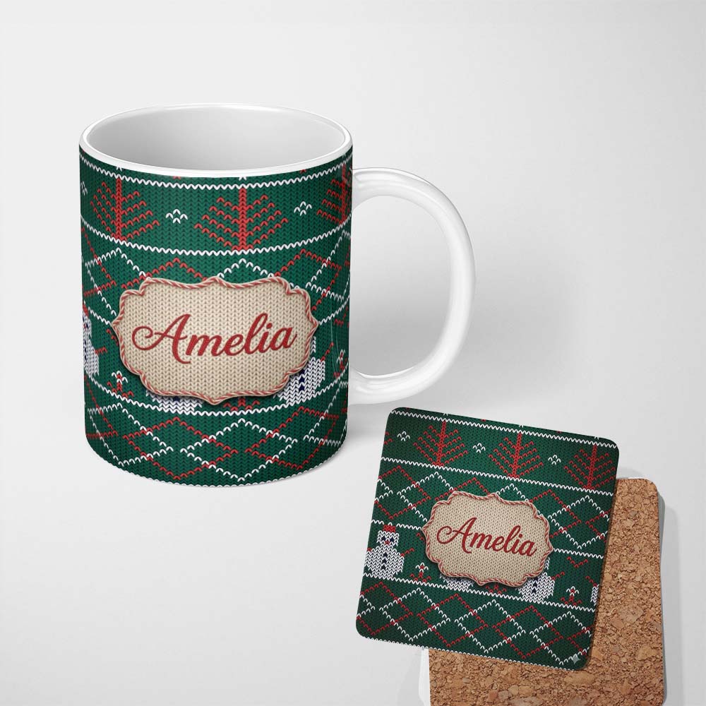 Personalized Custom Name Cute Green Nordic Llama Alpaca Winter Christmas Knitted Seamless 11oz Ceramic Coffee Tea Mug White Large Handle