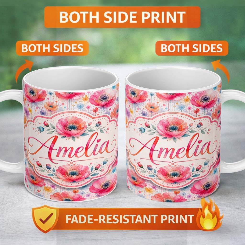 Personalized Custom Name Soft Pastel Poppy Floral Watercolor Artistic Seamless Pattern Lovely 11oz Ceramic Coffee Tea Mug White Large Handle