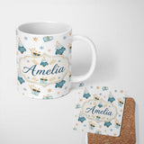 Personalized Custom Name Soft Blue Christmas Tree Gift Snowflake Cute Seamless Pattern Lovely 11oz Ceramic Coffee Tea Mug White Large Handle