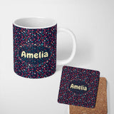 Personalized Custom Name Colourful Hearts on Navy Background Cute Love Seamless Pattern 11oz Ceramic Coffee Tea Mug White Large Handle