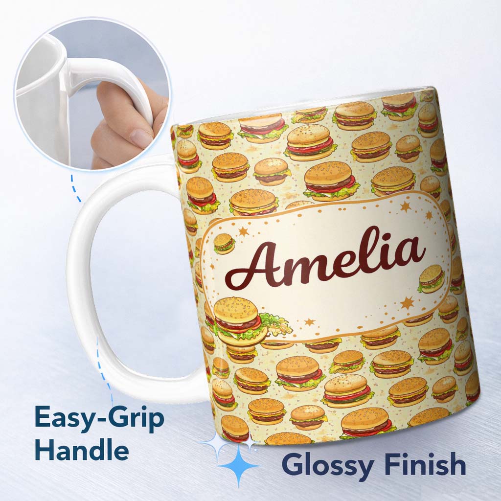 Personalized Custom Name Cartoon Cheeseburger Seamless Pattern Light Green Background Fast 11oz Ceramic Coffee Tea Mug White Large Handle
